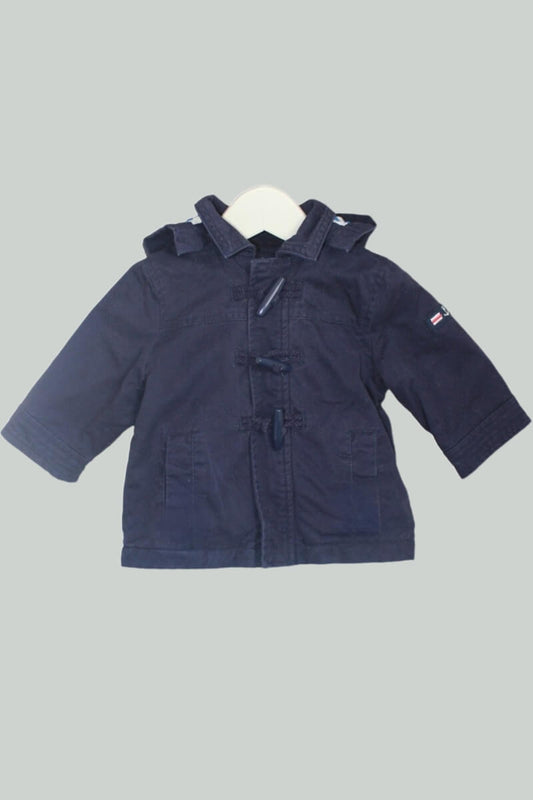 tweedehands unisex katoenen donkerblauwe jas met capuchon in maat 68 van jacadi