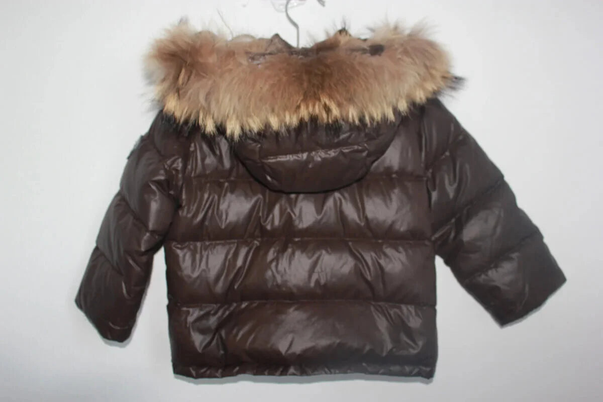Tweedehands unisex bruin warm winterjack met bontrand aan de capuchon van bonpoint in maat 86