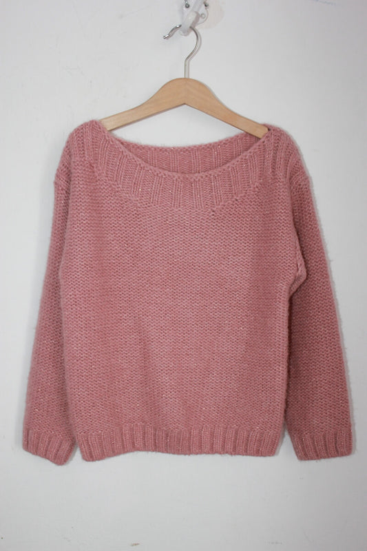 tweedehands koraalroze warme trui met een glittertje van bonton in maat 128 voor een meisje