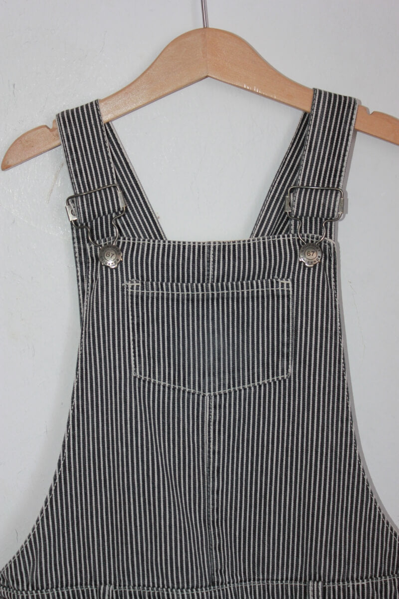 tweedehands katoenen donkerblauw met wit gestreepte salopette jurk van bonpoint maat 152