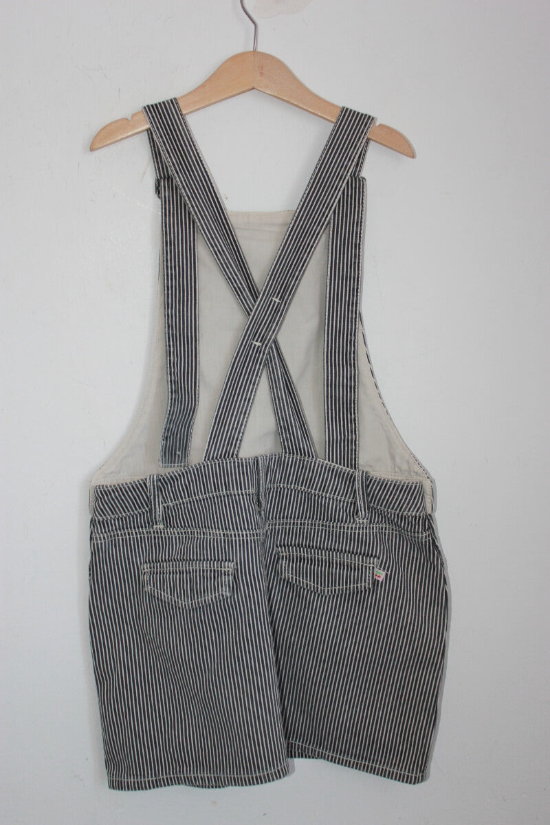 tweedehands katoenen donkerblauw met wit gestreepte salopette jurk van bonpoint maat 152