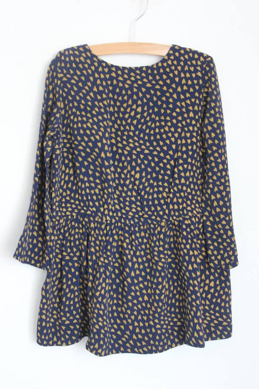 Tweedehands donkerblauwe jurk met mosterdgele hartjes en lange mouwen maat 92-98 van bonpoint