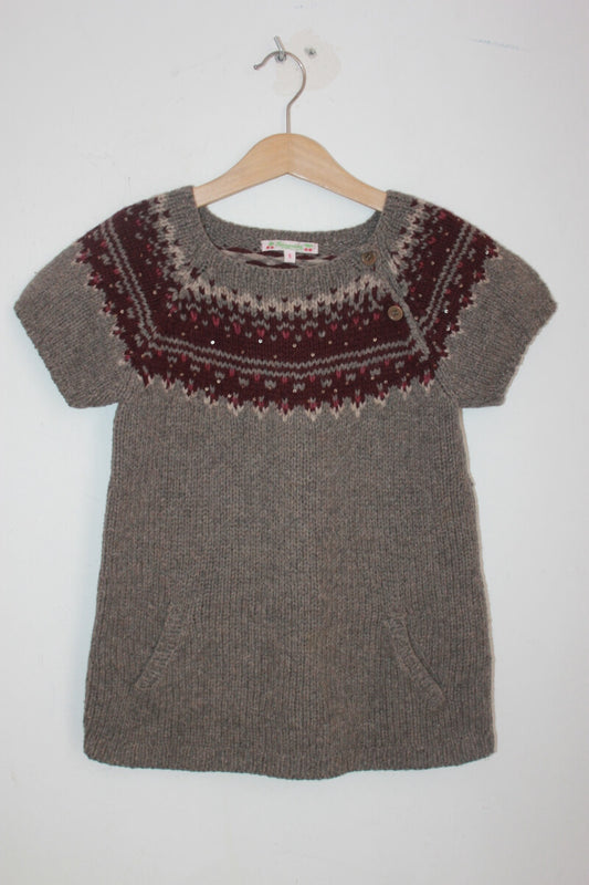 tweedehands grijs en paarse wollen trui met korte mouwen van bonpoint in maat 122-128 voor een meisje