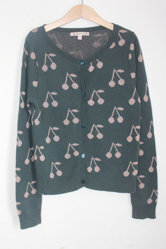 tweedehands grijs vest met koperen kersjes van bonpoint in maat 134-140 voor een meisje