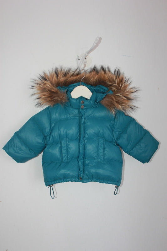 petrol blauwe unisex jas met capuchon met bontrand in maat 62-68 van Bonpoint