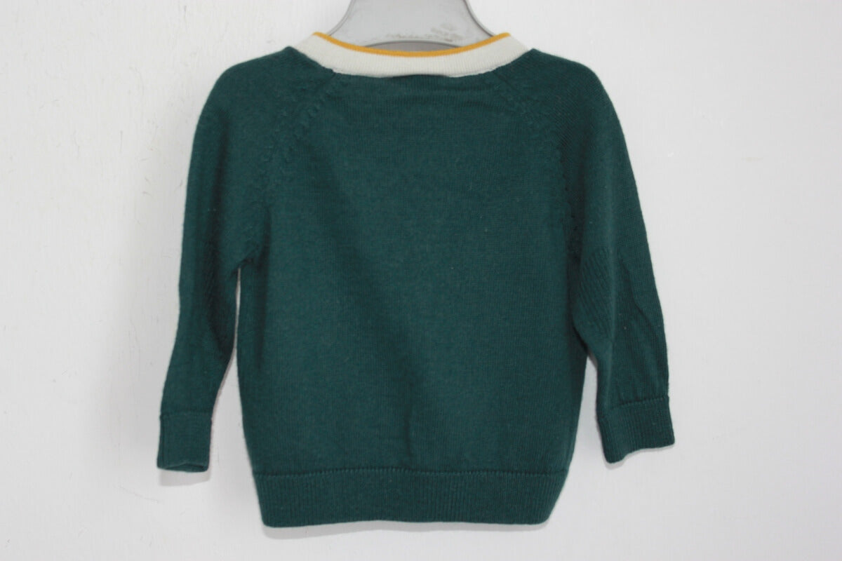 preloved donkergroen vest met mosterdgele en ecru accenten van petit bateau in maat 68 voor een baby jongen