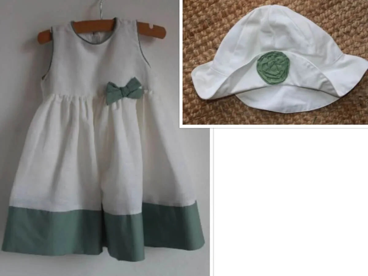 tweedehands-creme-groene-mouwloze-jurk-met-hoed-maat-80-baby-meisje-juniors-zomercollectie
