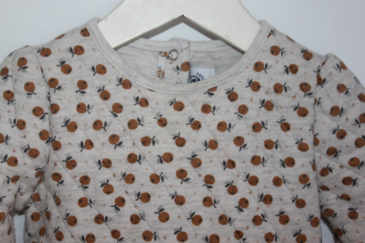 tweedehands grijze jurk lange mouwen mosterdgele appeltjes maat 80 petit bateau