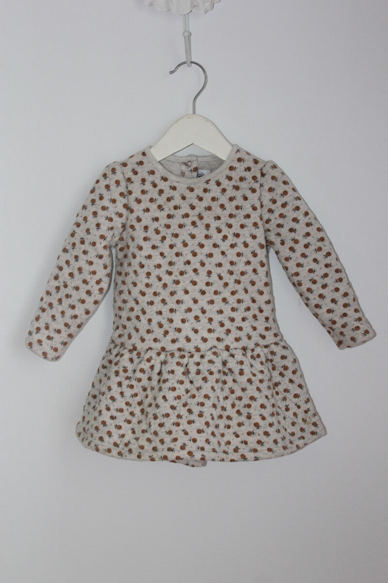 tweedehands grijze jurk lange mouwen mosterdgele appeltjes maat 80 petit bateau