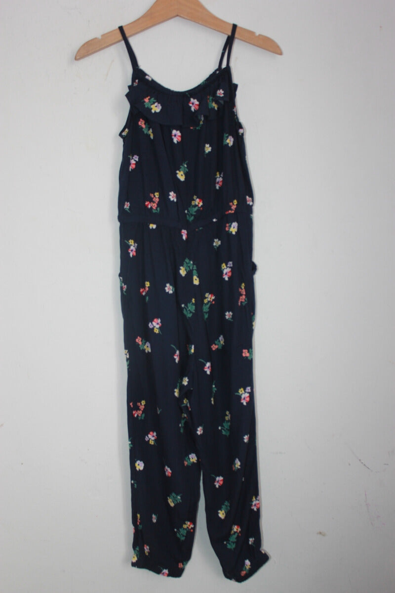 tweedehands donkerblauwe zomerse mouwloze jumpsuit met bloemenprint in multicolour van H&M in maat 104 voor een meisje