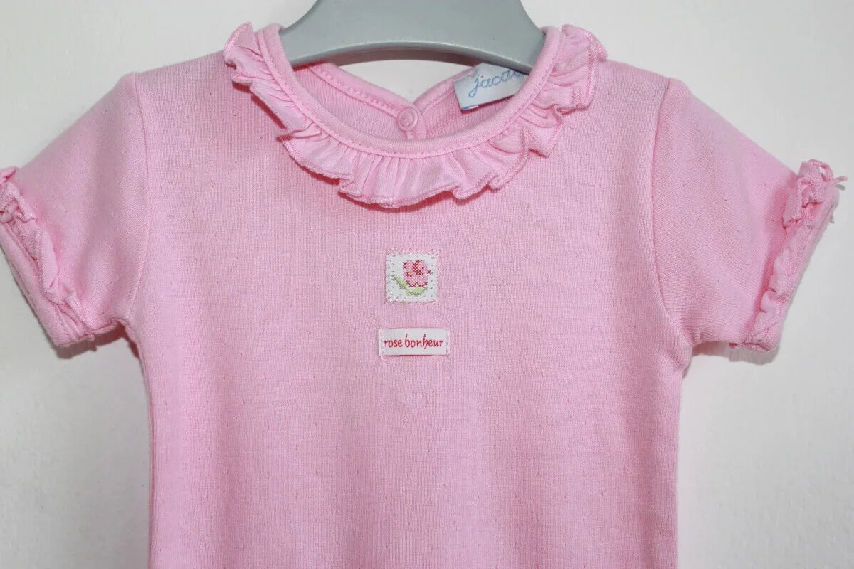 tweedehands katoenen roze romper met korte mouwen en een volantkraagje, van jacadi in maat 68