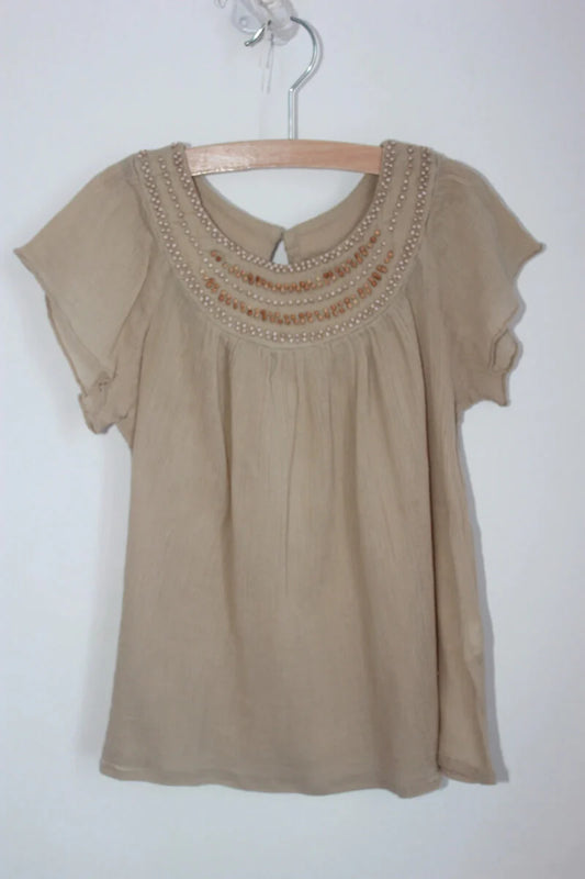 tweedehands katoenen zomerse beige blouse met korte mouwen en kraaltjes van bonpoint, maat 110-116