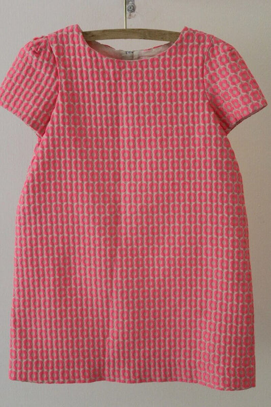 preloved creme jurk met fluo-roze bloemen en korte mouwen van bonpoint in maat 122-128