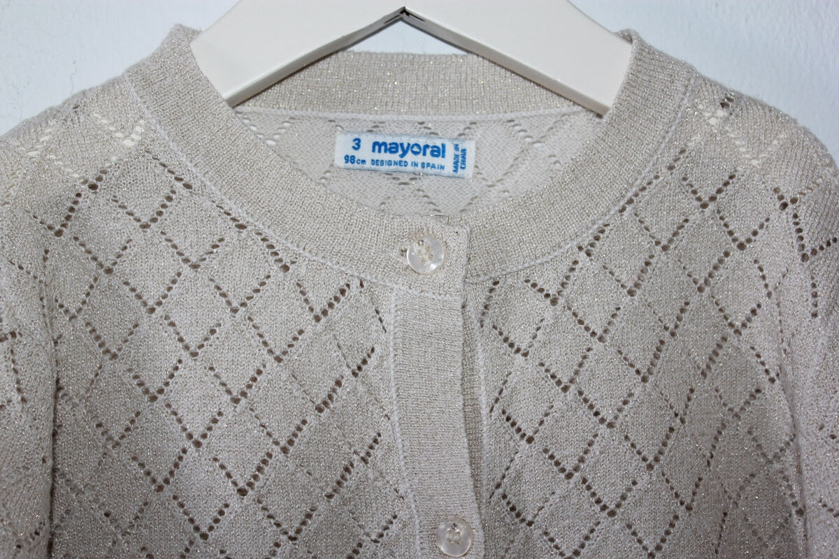 tweedehands-beige-ajour-vest-gouden-glittertje-maat-98-mayoral