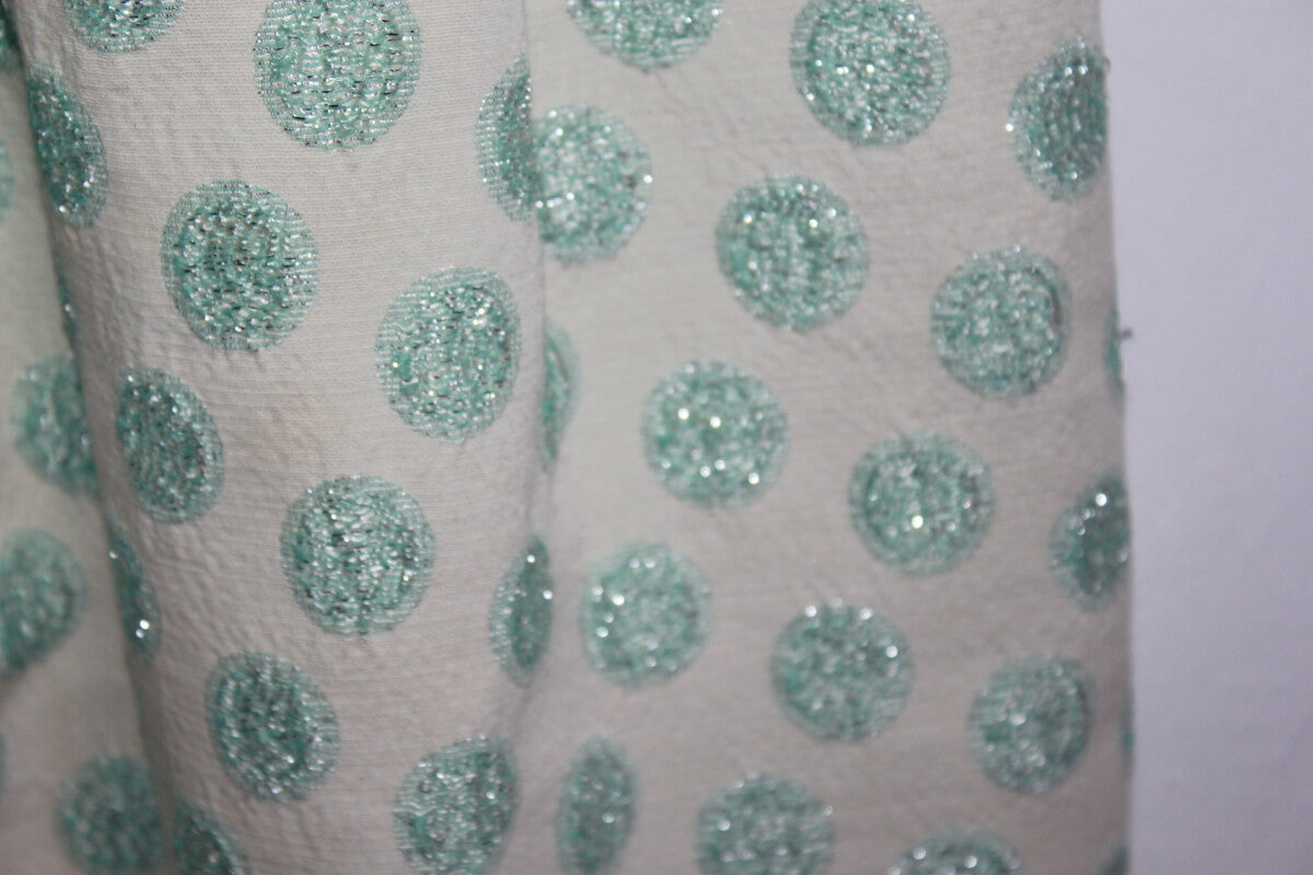 tweedehands-creme-jurk-groene-glitter-stippen-korte-mouwen-maat-116-meisje-bonpoint
