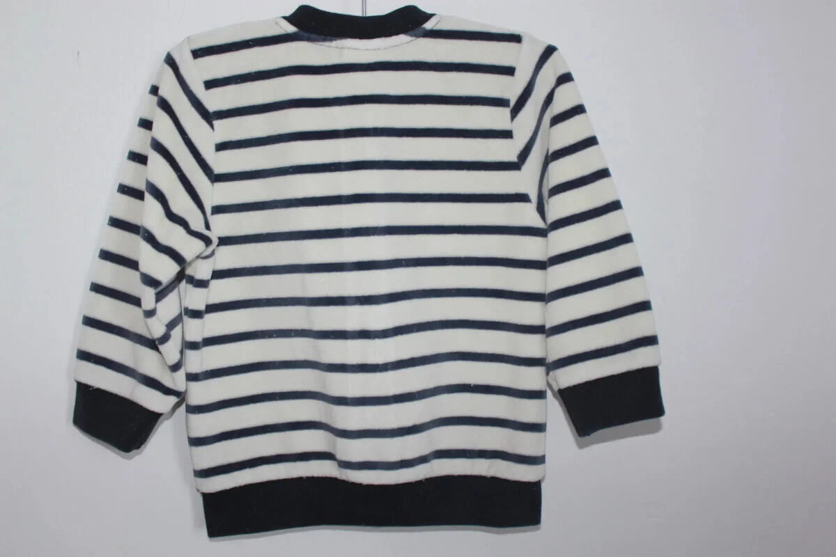 tweedehands-ecru-donkerblauw-gestreept-velours-vest-maat-80-baby-petit-bateau