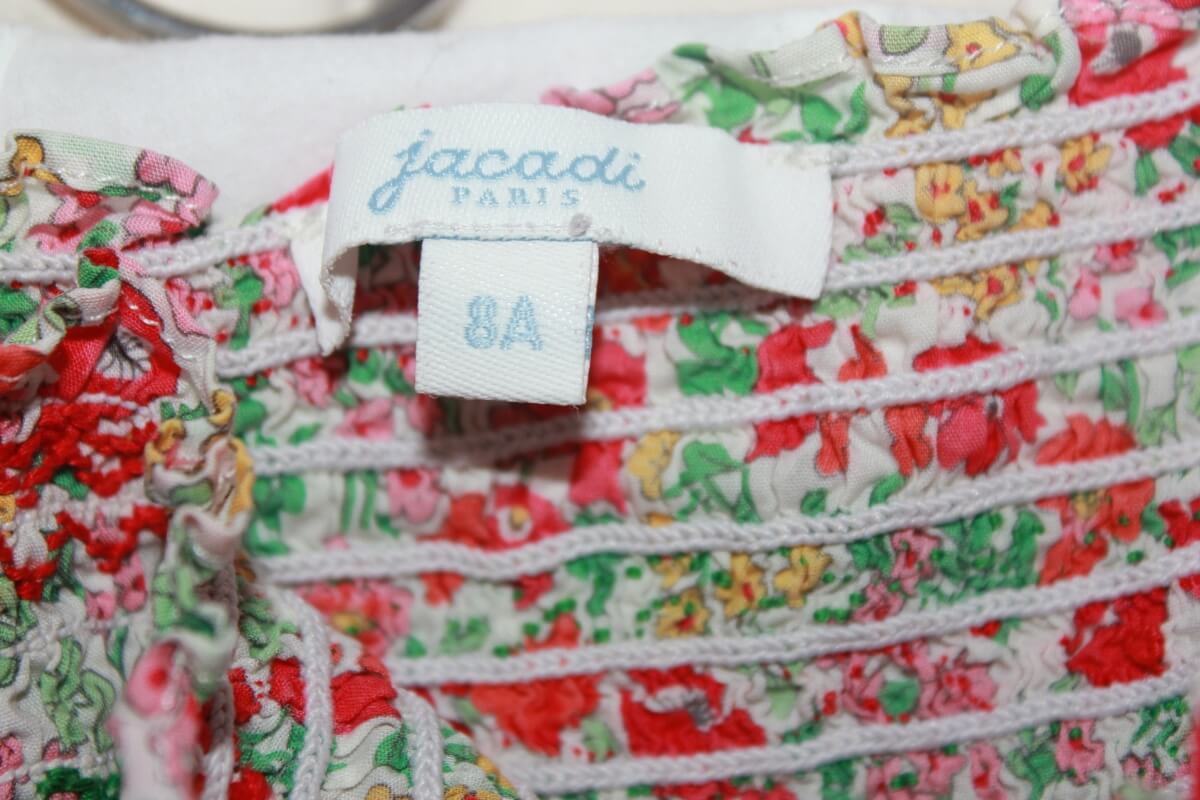 tweedehands gesmokte zomerse liberty jurk in multicolour met schouderbandjes, maat 128 van jacadi