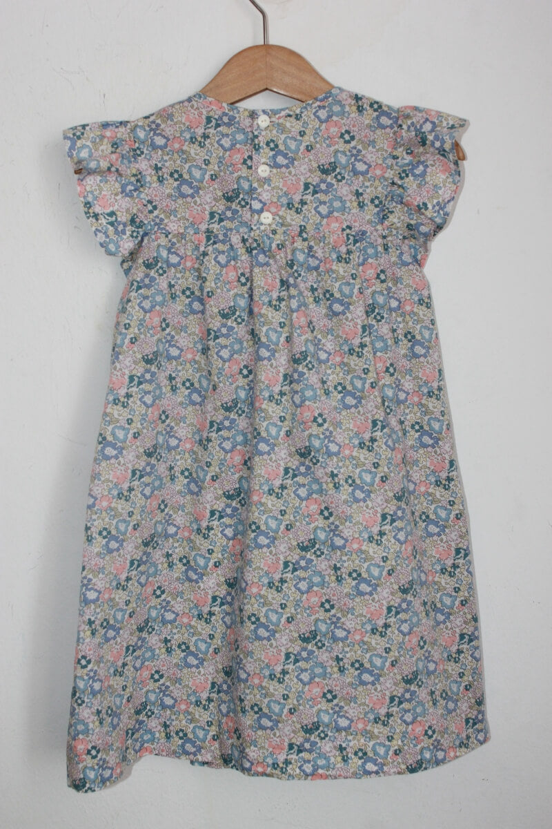 tweedehands katoenen zomerse gesmokte liberty jurk met korte volantmouwen in multicolour, maat 104 van laingo