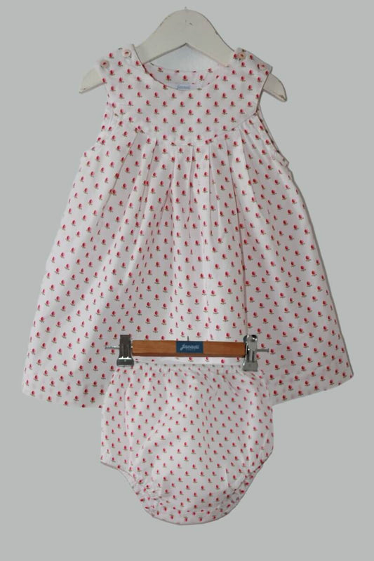 tweedehands witte zomerse mouwloze jurk met roze tulpen en bloomer maat 74 voor een baby meisje van jacadi