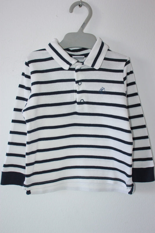 tweedehands katoenen donkerblauw met ecru gestreepte longsleeve van petit bateau in maat 74 voor een baby jongen