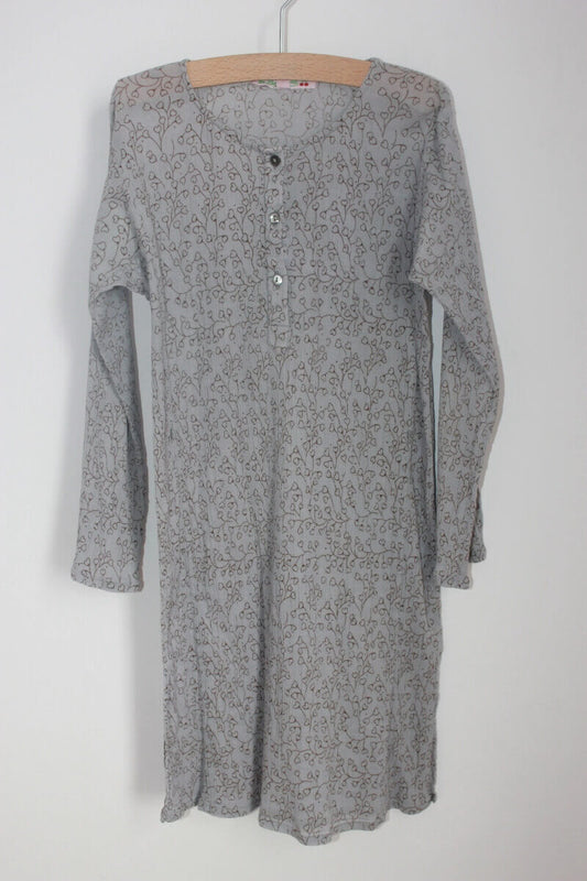 tweedehands katoenen grijsblauwe lange blouse met bruine bloemen van bonpoint, maat 122-128 voor een meisje