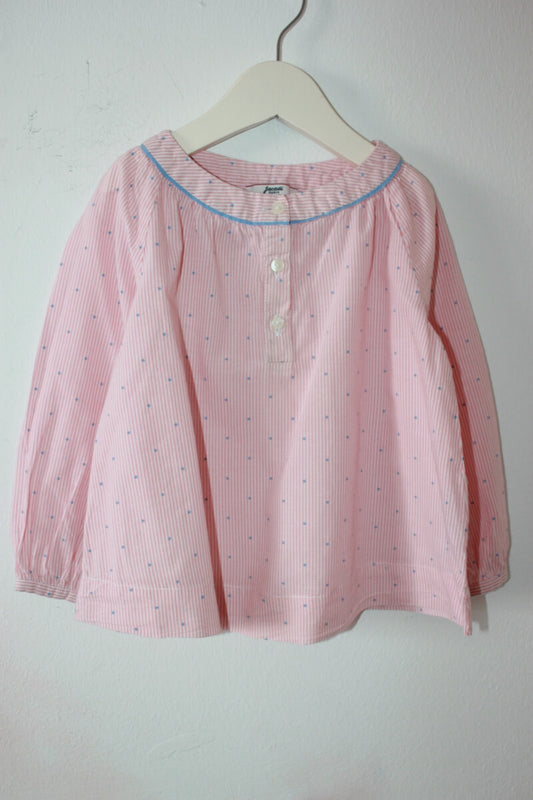 tweedehands koraalroze met wit en lichtblauwe katoenen blouse met lange mouwen van jacadi in maat 86 voor een baby meisje