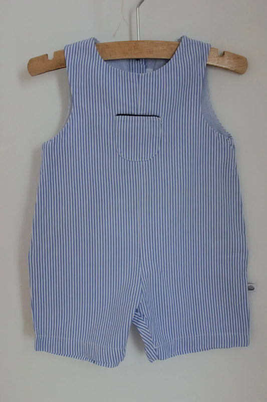 tweedehands blauw met wit gestreepte katoenen mouwloze zomerse korte playsuit van jacadi in maat 68 voor een baby jongen