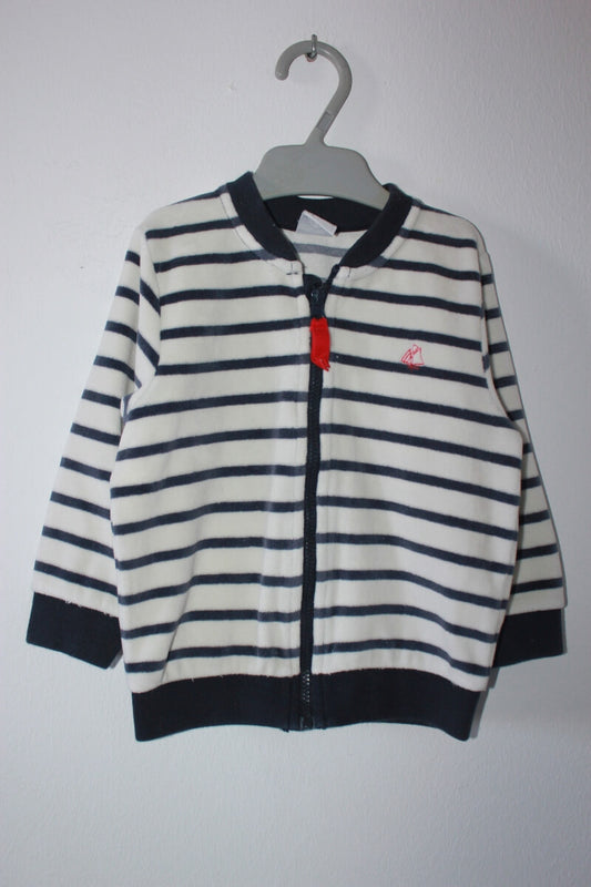 tweedehands unisex ecru met donkerblauw gestreept zacht velours vest van petit bateau in maat 80