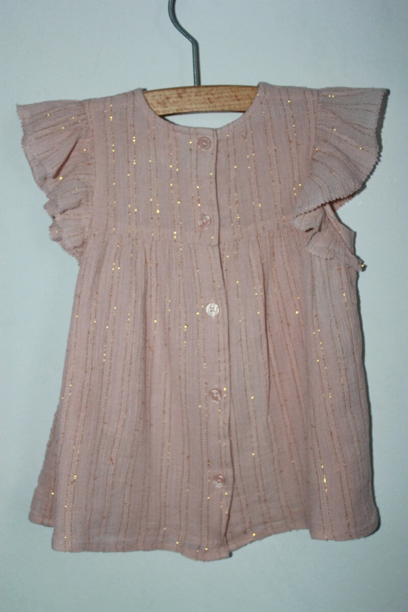 tweedehands-roze-jurk-gouden-streepjes-korte-mouwen-volants-maat-68-louis-louise-zomercollectie